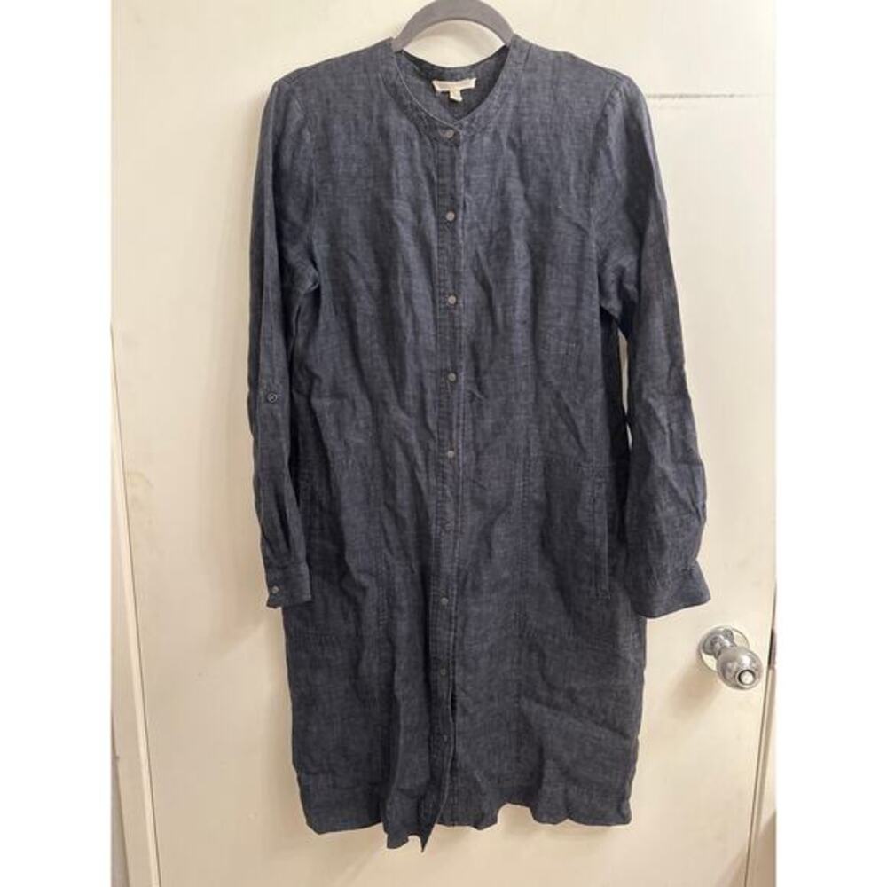 Eileen Fisher Linen Shirt Dress Women S Chambray Gray Roll Tab Coastal‎ Office